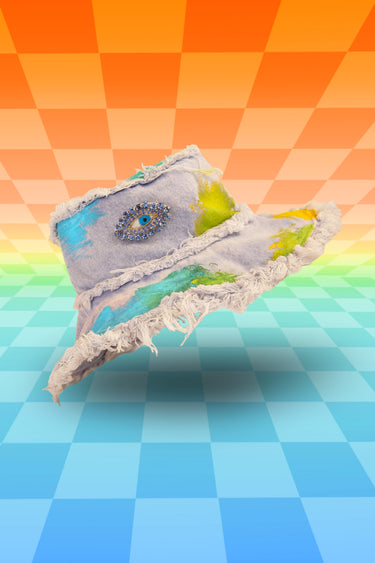 Third Eye Bucket Hat Hand Painted faded Blue Denim with Jewel Diamonds Patches and Frayed Distressed Edges | One of a Kind Festival Rave Burning Man Fashion | Neon Nomade