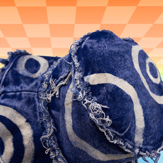 Circle Bleach Hand Painted Indigo Blue Denim Bucket Hat with Frayed Edges | Art Mod Handmade Festival Rave Hat | Neon Nomade